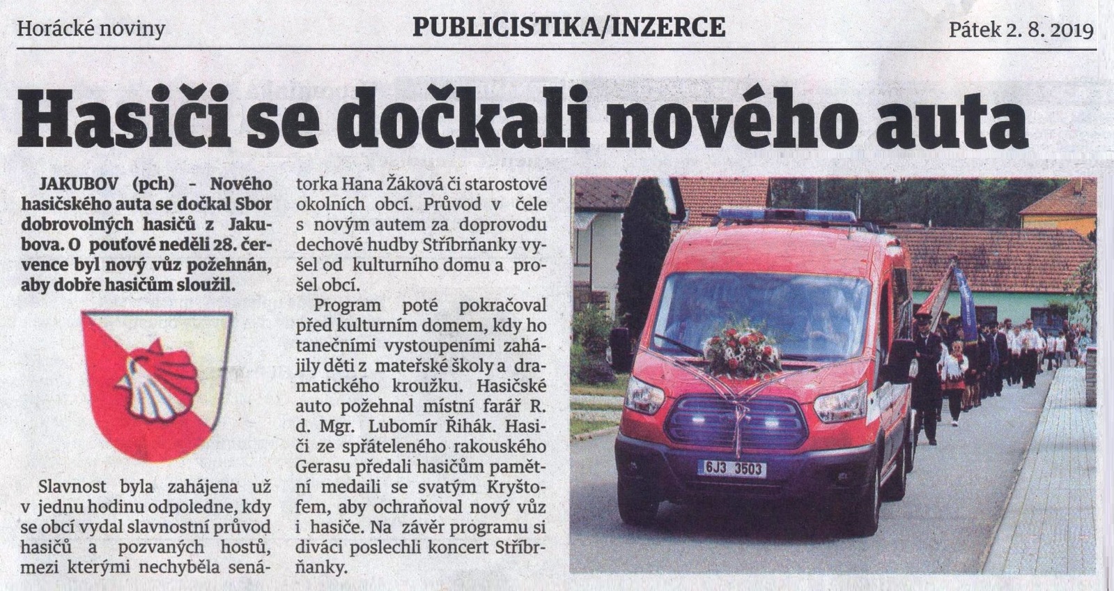Žehnání nového auta v Horáckých novinách